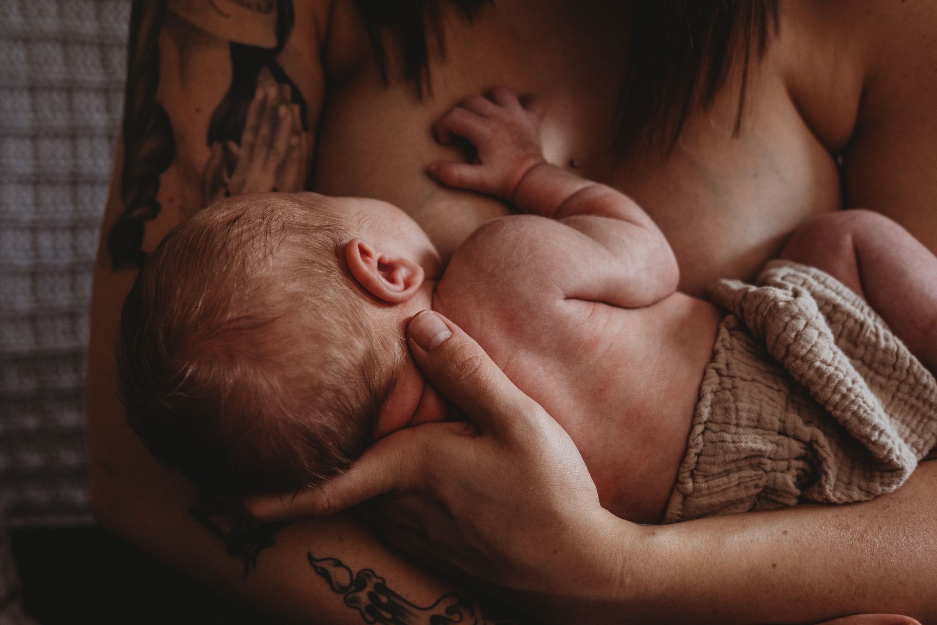 Best Maternity and Newborn Photographer Washington DC Maryland Northern Virginia tattooed new mom breastfeeding newborn