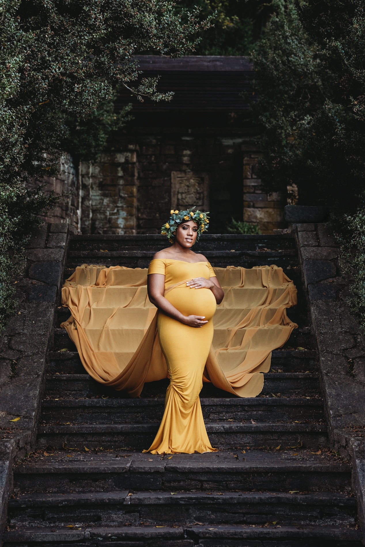 glamorous outdoor maternity photos pregnancy photography yellow gown floral crown