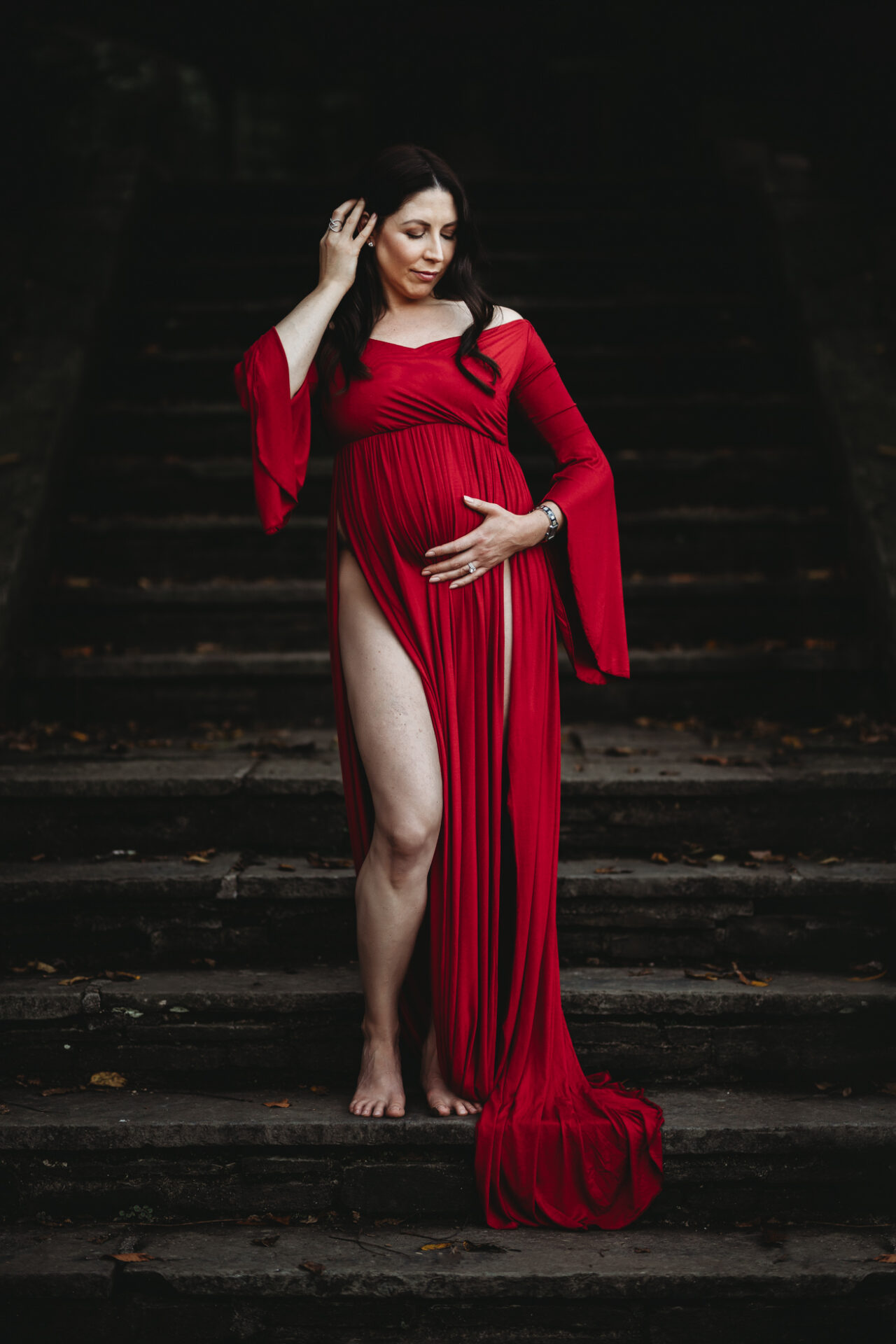 sensual glamorous outdoor maternity pregnancy photo red dress