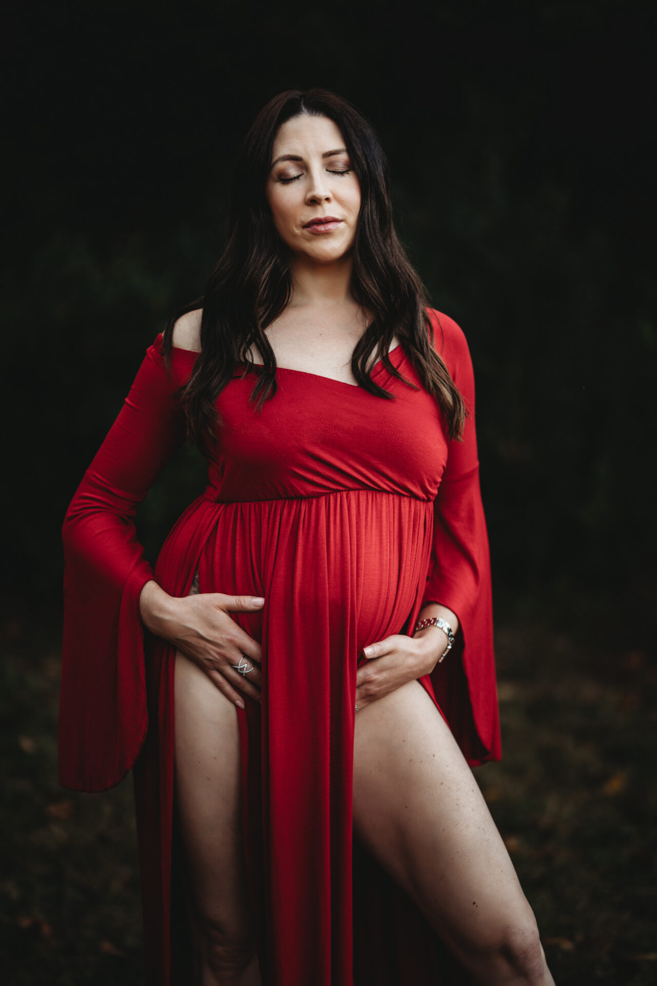sensual glamorous outdoor maternity pregnancy photo red dress