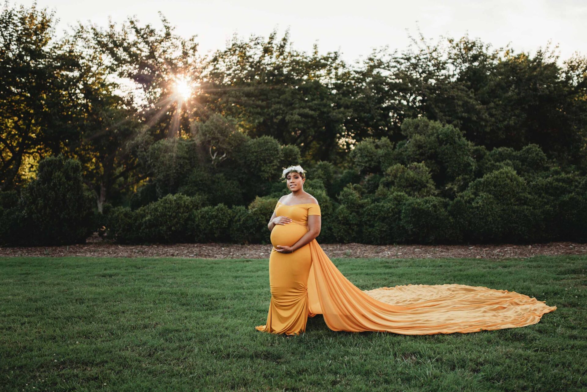 glamorous outdoor maternity pregnancy photo yellow dress