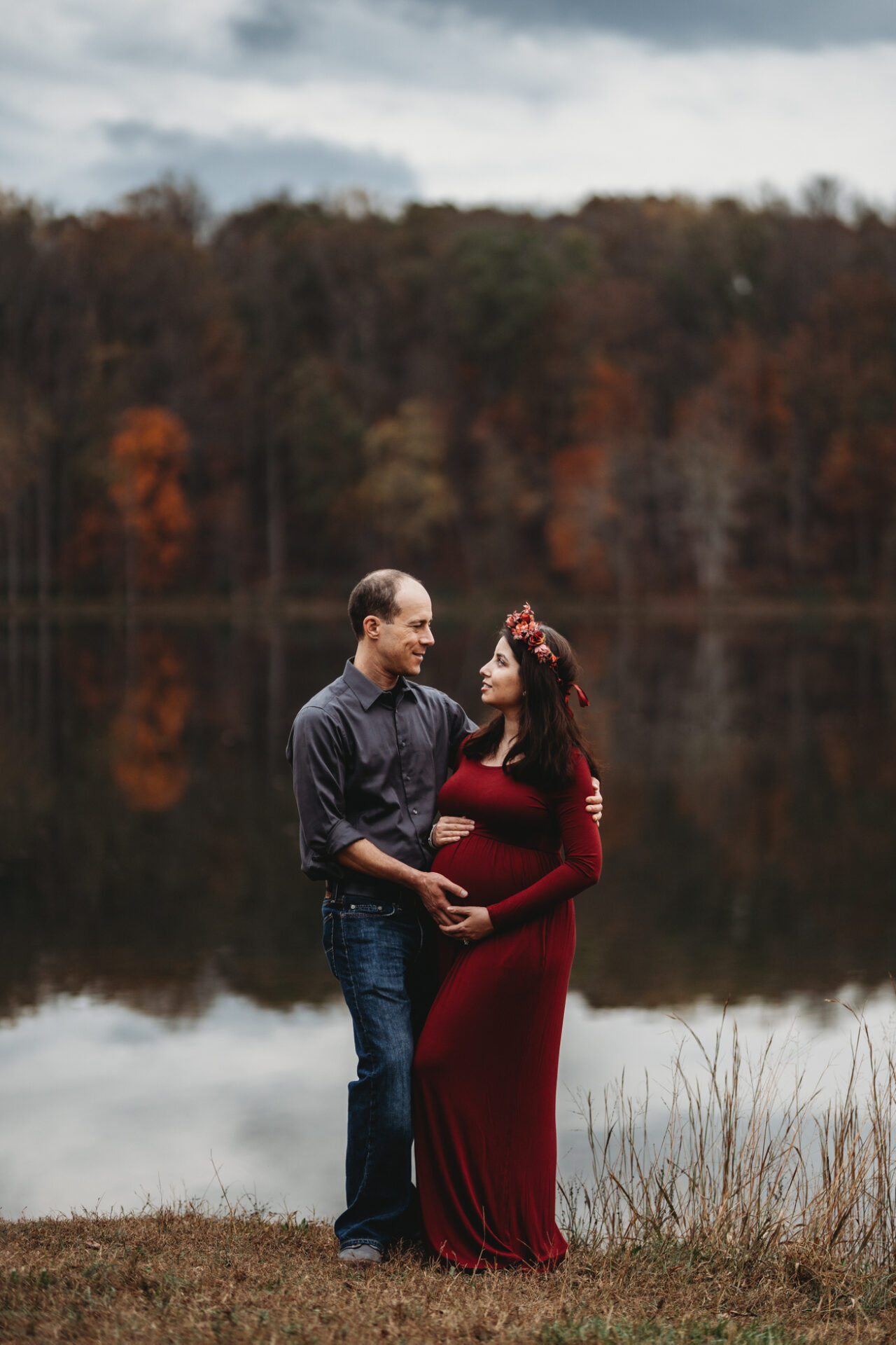 outdoor maternity photos pregnancy floral crown lakeside