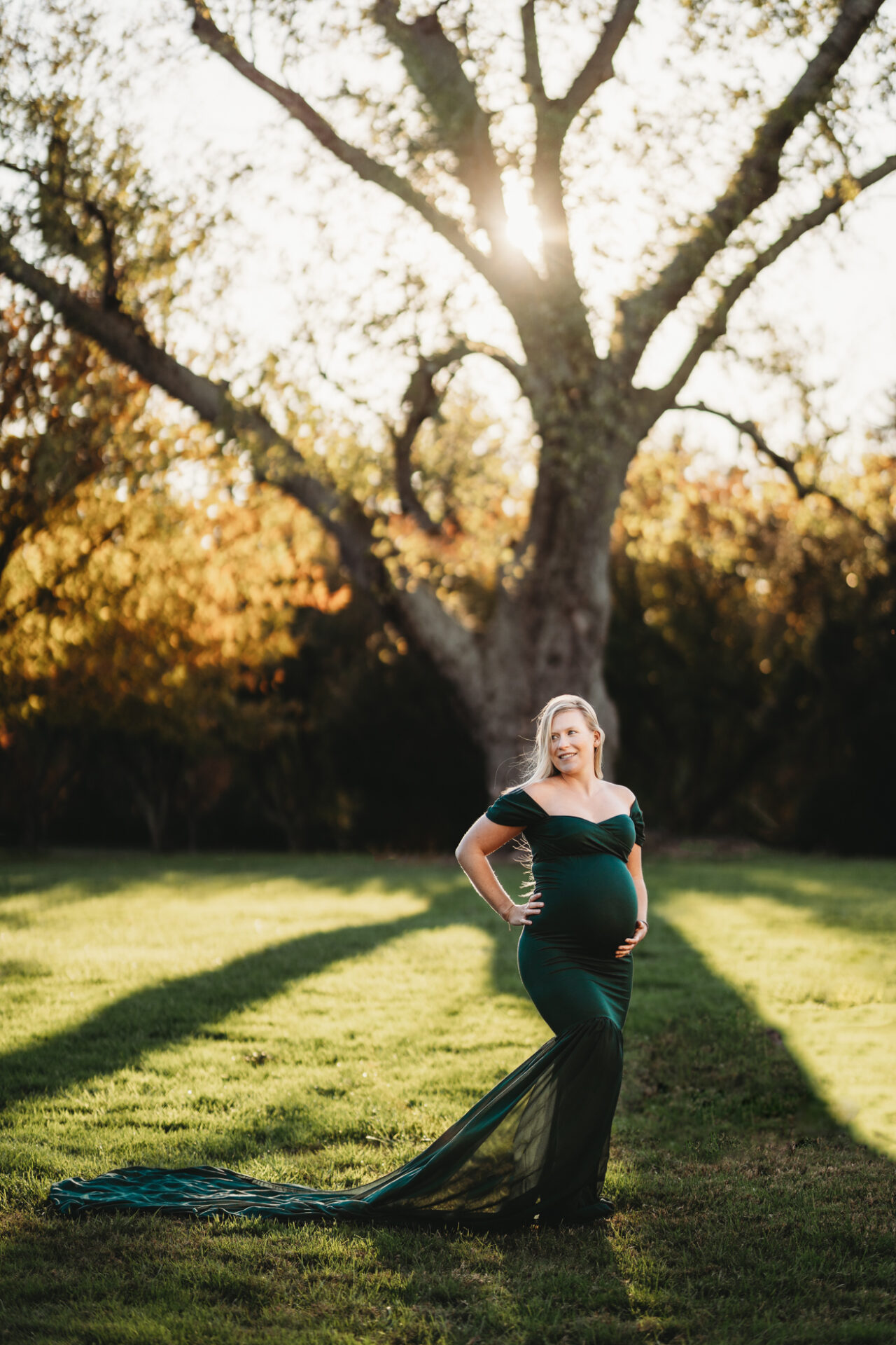 glamorous outdoor maternity photo pregnancy emerald green dress