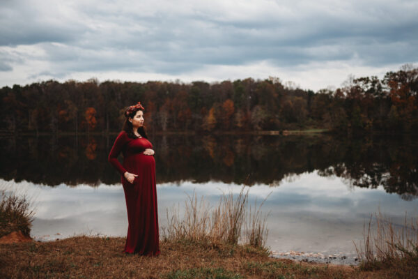 outdoor maternity photos pregnancy floral crown lakeside