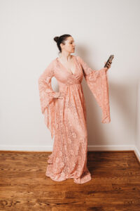 Dusty Pink Lace Dress With Exaggerated Sleeves